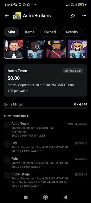 A dark-themed mobile app screen for 'AstroBrokers' shows a minting schedule including phases for Astro Team, Gtd, Fcfs, and Public stage starting September 10.