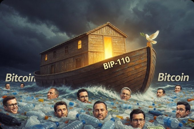 A satirical 'Bitcoin's Ark' image depicting a wooden ark labeled 'BIP-110' floating on stormy waters filled with plastic bottles, money, and celebrity faces, with Bitcoin on either side and a dove carrying an olive branch, marked 'Coldcards'.