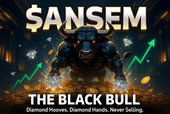 A powerful black bull with glowing red eyes and diamond-tipped hooves stands atop a pile of gold coins, surrounded by floating diamonds and green upward trending arrows. The image features the bold gold text "$ANSEM" at the top and the tagline "THE BLACK BULL — Diamond Hooves. Diamond Hands. Never Selling." at the bottom, visually reinforcing the post's message of bullish confidence and unwavering conviction in the $ANSEM ticker.