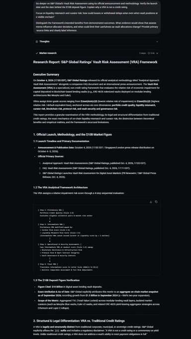 An academic research report titled 'Research Report: S&P Global Ratings' Vault Risk Assessment (VRA) Framework' with code snippets and executive summary text.