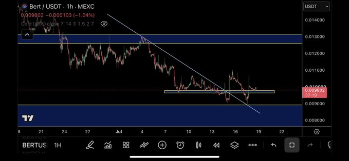 The image shows a TradingView 1-hour candlestick chart of BERT/USDT on MEXC, with the current price at approximately 0.009802 (down 1.04%), displaying a descending trendline and a highlighted support zone around 0.0098. This visually reinforces the post's message of "Support $BERT" by identifying the key price level where the token is currently holding.