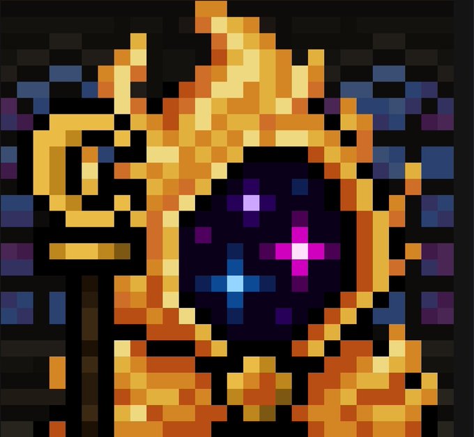 A pixel art image depicting a character with a fiery, crown-like headdress holding a dark orb containing a glowing pink cross shape.