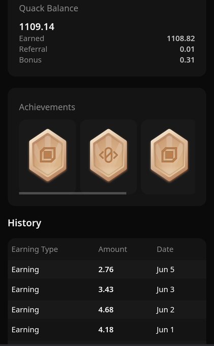 The image shows a phone screen displaying a list of achievements for a game. There are three achievements listed, each with different colors - gold, brown, and black. The text "Quack Balance" can be seen at the top left corner of the screen. The main focus is on the achievements section, which includes details about the progress made in the game over time. The image also contains a caption that reads: "Every reply, every interaction, every bit of effort adds up over time. The biggest rewards rarely come from one perfect day. They come from showing up".