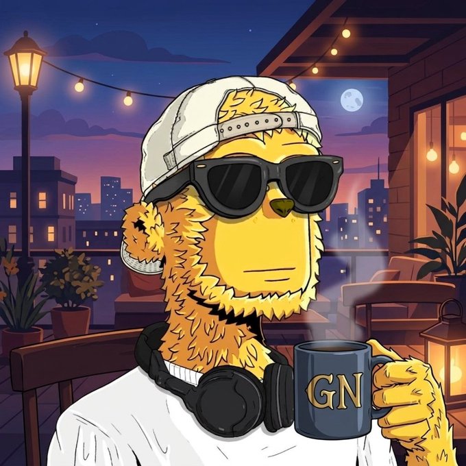 A stylized cartoon of a yellow furry character wearing a backwards cap, sunglasses, and headphones around the neck, holding a mug labeled 'GN' on a rooftop at night.