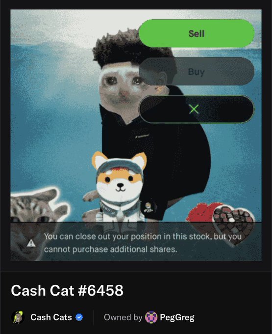 A Robinhood-style stock app screen for "Cash Cat #6458" showing only a Sell option enabled, with the message "You can close out your position in this stock, but you cannot purchase additional shares," overlaid with a Shiba Inu dog image.