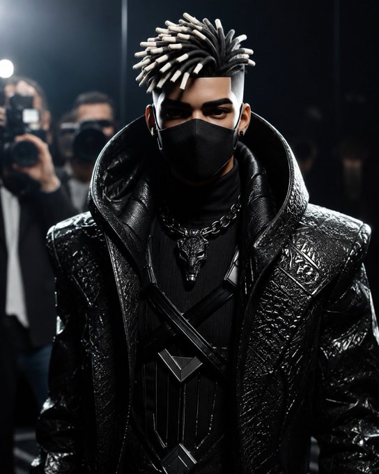 The image features a man wearing a black leather jacket, with spiky hair styled in an Afro-like fashion. He is standing against a dark background, which contrasts with his outfit. The man appears to be posing for a photo or participating in some sort of event. There are several other people present in the scene, but they are not the main focus of the image.