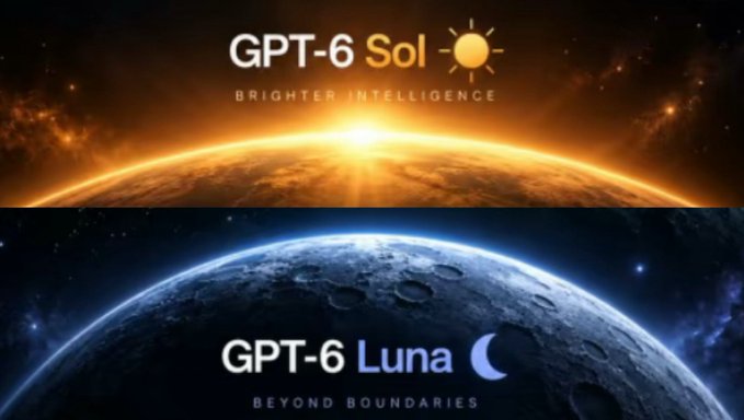 A split promotional graphic showcasing two AI model concepts: the top half features a sun rising over Earth's horizon with the text "GPT-6 Sol — BRIGHTER INTELLIGENCE," while the bottom half displays a cratered moon in space labeled "GPT-6 Luna — BEYOND BOUNDARIES," visually representing the dual launch tease of "Sol" (sun) and "Luna" (moon) referenced in the accompanying post about OpenAI's GPT-6 lineup.