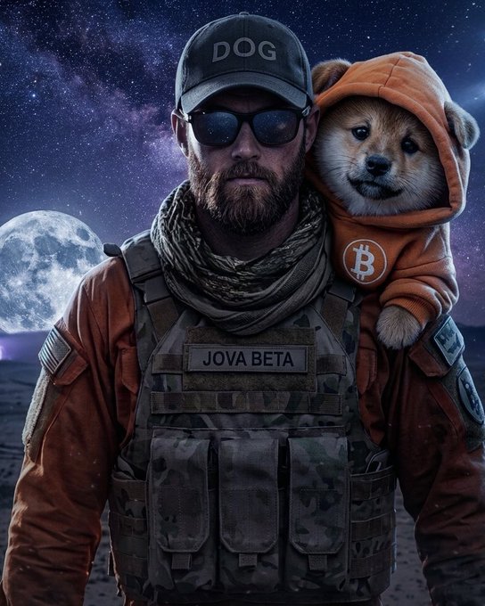 llor, a man with a beard and mustache, stands against the backdrop of a full moon, wearing a camouflage jacket and sunglasses, with a dog on his shoulder dressed in an orange hoodie.
3. The full moon is positioned behind the man's head, casting a soft glow over the scene.