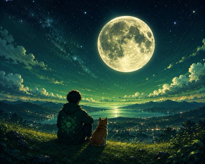 A young person and their dog sit on a grassy hill, gazing up at a massive, luminous full moon hanging over a city and bay below, with the moon's golden glow reflecting across the water beneath a starry green-tinted sky—perfectly capturing the contemplative, moonlit mood of "$MoonCoin."