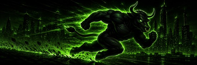 A massive, glowing green bull charges through a destroyed cityscape at night, with green energy crackling around its muscular frame and shattered debris scattering in its wake. The image visually reinforces the "$BULLRUN" token launch, symbolizing aggressive market momentum and explosive gains.