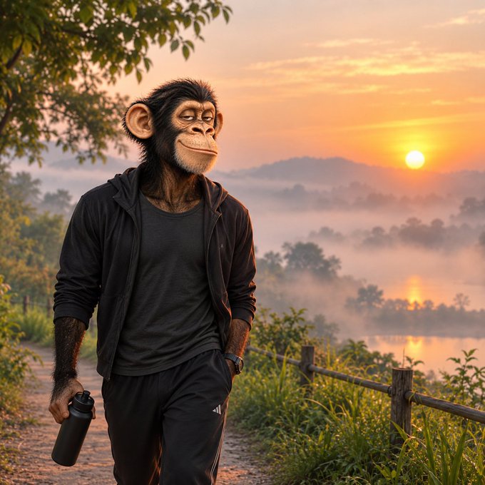 A surreal digital image of a chimpanzee dressed in a black hoodie and pants, holding a water bottle, standing on a path overlooking a misty landscape with a sunset.