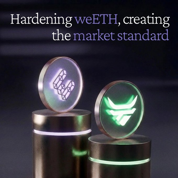 Two glowing coins—one featuring a purple "E" emblem and the other a green geometric logo—sit on metallic pedestals beneath the headline "Hardening weETH, creating the market standard," visually reinforcing the post's announcement about security upgrades behind weETH's 86% LTV Prime Vaults on SteakhouseFi and Morpho.