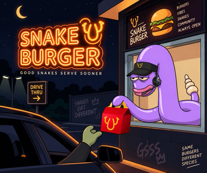 An illustrated promotional image for 'SNAKE BURGER' featuring a purple snake wearing a visor and headset handing a red takeout box through a drive-thru window at night, with neon signage reading 'GOOD SNAKES SERVE SOONER' and 'BURGERS VIBES SNAKES COMMUNITY ALWAYS OPEN'.