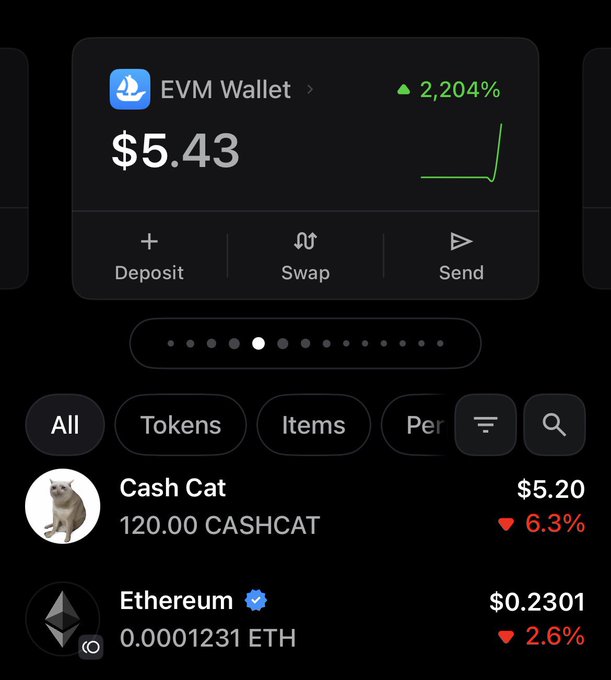 A cryptocurrency wallet app screen showing an 'EVM Wallet' balance of $5.43 with a 2,204% gain, displaying 'Cash Cat' (CASHCAT) and 'Ethereum' (ETH) holdings.