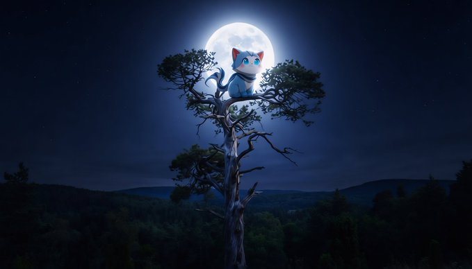 A cartoonish blue cat-like creature perches atop a lone tree against a glowing full moon in a starry night sky. The whimsical, mythical imagery evokes the playful, fantasy-driven spirit of the "Wen" memecoin community promoted in the post.