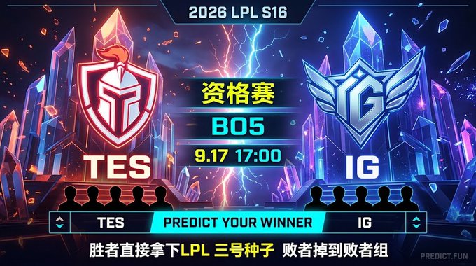 An esports promotional graphic for the 2026 LPL S16 match between TES and IG, labeled "资格赛" (Qualifier) BO5 on 9.17 at 17:00, with "PREDICT YOUR WINNER" displayed at the bottom.