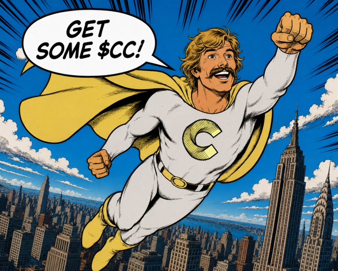 A retro comic book style image features a superhero with a 'C' on his chest flying over New York City with a speech bubble shouting 'GET SOME $CC!'.
