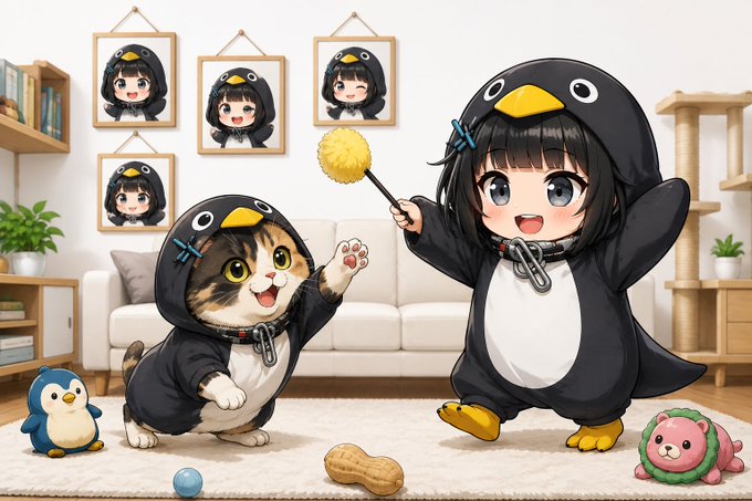 An anime-style illustration showing a girl in a penguin costume playing with a cat and another character also dressed in a penguin outfit in a living room setting.