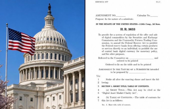 The image shows the U.S. Capitol building alongside text from H.R. 3633, the "Digital Asset Market Clarity Act," which aims to regulate the offer and sale of digital commodities through the SEC and CFTC. It relates to the post about Senate Democrats expressing willingness to collaborate with Republicans on the CLARITY Act, despite recently opposing its advancement.