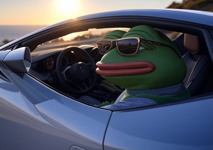 A 3D-rendered Pepe the Frog character wearing sunglasses sits in the driver's seat of a blue sports car with the sunset visible in the background.