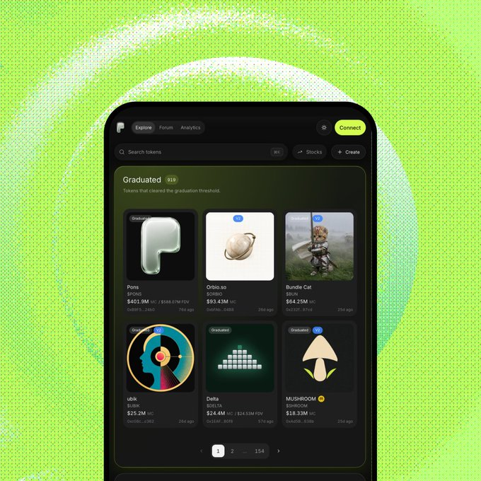 A mobile app interface displaying a token marketplace with a 'Graduated' section showing meme tokens including 'Pons' ($401.9M), 'Orbio.so' ($93.43M), 'Bundle Cat' ($64.25M), 'ubik' ($25.2M), 'Delta' ($24.4M), and 'MUSHROOM' ($18.33M).
