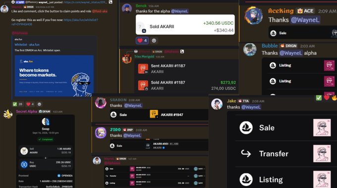 A collage of various Discord chat screenshots showing user interactions, including messages like "thanks for the alpha @wayneL", "Sold AKARII #1187", and "Thanks @WayneL", along with transaction amounts in USDC.
