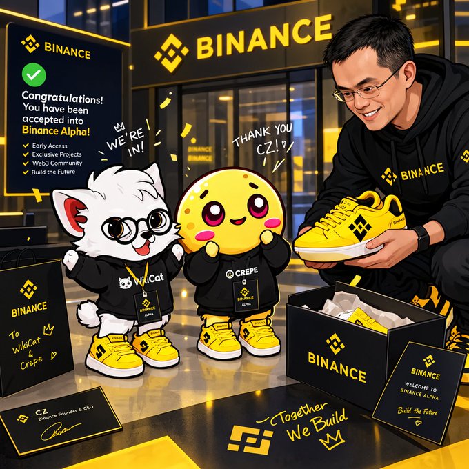 A Binance promotional illustration showing CZ (Binance Founder & CEO) presenting yellow sneakers to two cartoon characters (WikiCat and Crepe) celebrating their acceptance into 'Binance Alpha'.