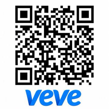 A black and white QR code is displayed with the word 'veve' written in blue lowercase letters below it.
