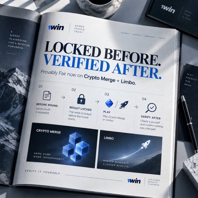 A 1win magazine spread promotes their "Provably Fair" system with the headline "LOCKED BEFORE. VERIFIED AFTER." highlighting that Crypto Merge and Limbo now allow players to verify round results themselves through a four-step process (Before Round, Result Locked, Play, Verify After), directly reinforcing the caption's focus on player-driven transparency.