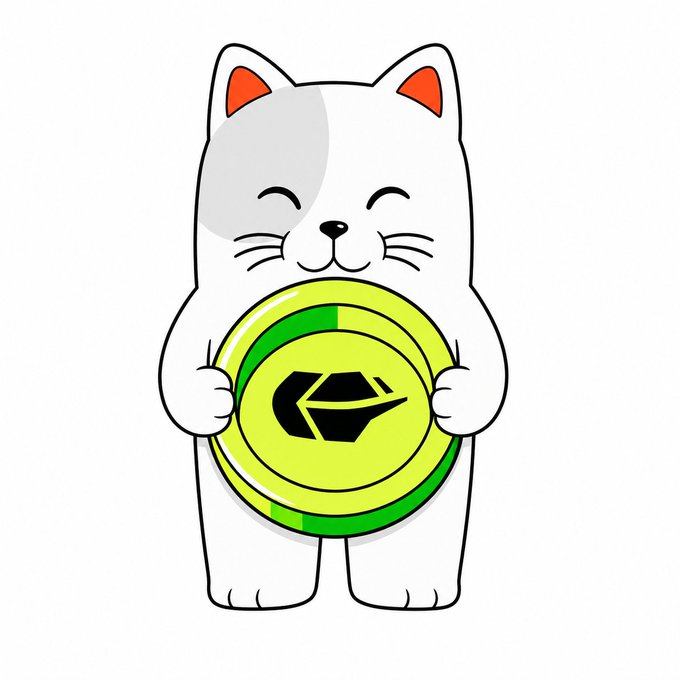 A cute cartoon white cat with orange-tipped ears and a content smile holds a large yellow and green coin featuring a hexagonal black logo. The coin imagery cleverly ties into the "purrillions" post, playing on the cat theme to suggest accumulating crypto wealth or fortune.