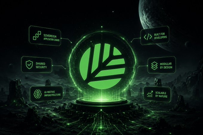 A futuristic green holographic leaf logo on a dark alien landscape, surrounded by feature callouts including 'SOVEREIGN APPLICATION CHAINS', 'BUILT FOR DEVELOPERS', 'SHARED SECURITY', 'MODULAR BY DESIGN', 'AI-NATIVE INFRASTRUCTURE', and 'SCALABLE BY NATURE'.