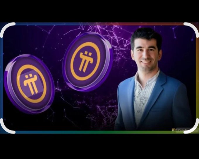 A man in a blue blazer smiles beside two purple Pi Network coin icons against a dark, starry background. This image visually represents Dr. Nicholas and the Pi Network, subtly illustrating the distinction between earned and speculated Pi coins mentioned in the post.