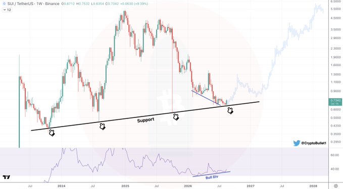A weekly SUI/USDT chart on Binance showing the price bouncing off a major ascending support trendline (around $0.73), accompanied by a bullish divergence forming on the RSI indicator at the bottom. The chart highlights four support touches with arrows and displays the current price of $0.7173, with projected upside targets extending toward $4.00+ based on the bullish technical setup.