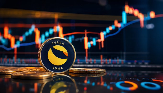 A physical Terra (LUNA) coin sits prominently in the foreground against a backdrop of a glowing candlestick chart with orange and blue bars, visually reinforcing the post's bullish sentiment about $LUNC's resilient market cap of $351M+ and potential price recovery toward $0.000065.