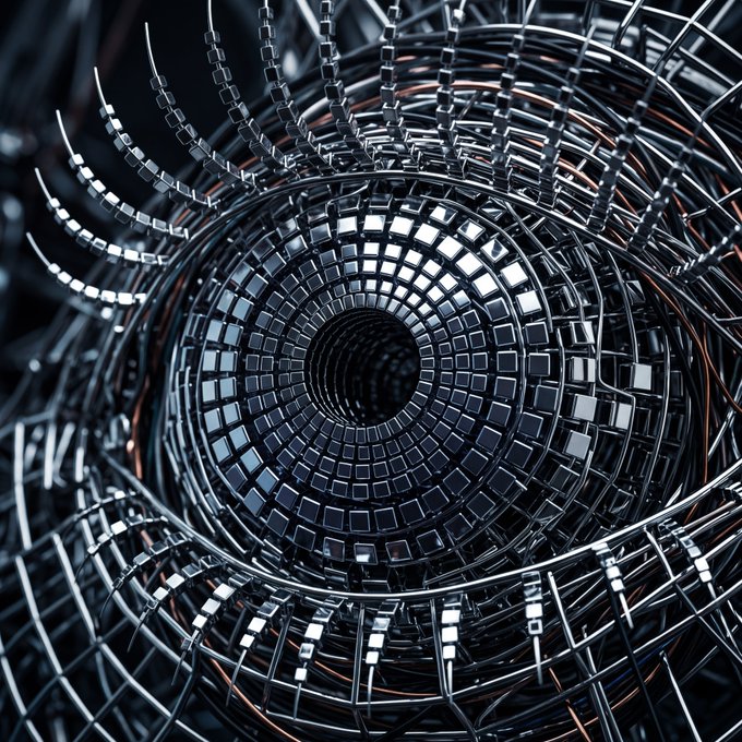 A complex, symmetrical 3D digital artwork features an intricate metallic tunnel made of repeating square and circular geometric patterns spiraling into a dark center.