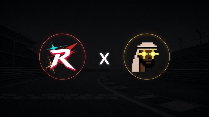 A promotional graphic showing a collaboration between Rush (with red 'R' logo) and a pixel art character wearing sunglasses, with an 'X' between them on a dark racing track background.