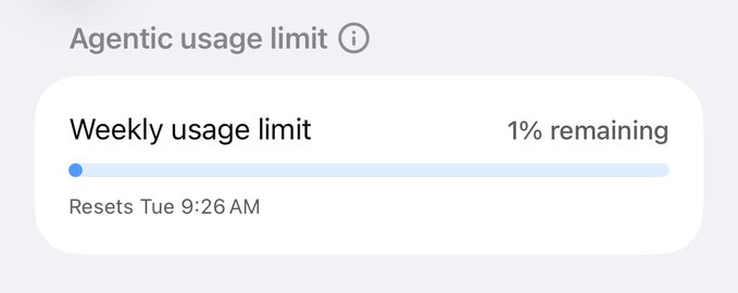 Screenshot showing an 'Agentic usage limit' widget with a 'Weekly usage limit' at 1% remaining, resetting Tuesday at 9:26 AM.