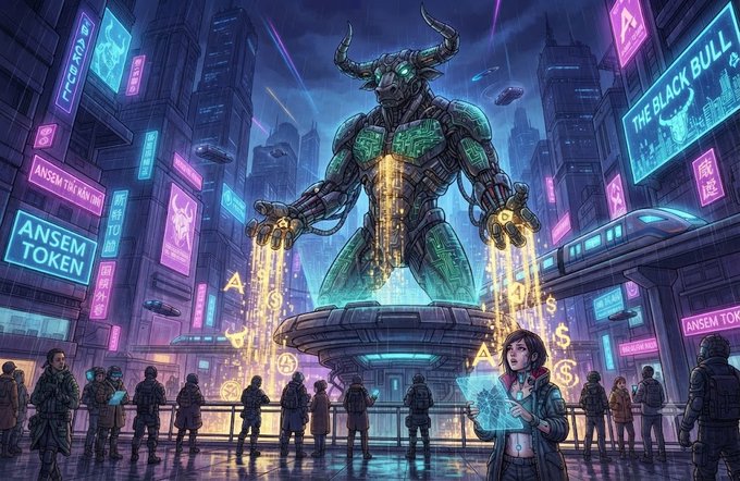 A massive cyberpunk bull statue labeled "THE BLACK BULL" towers over a neon-lit futuristic city, surrounded by crowds gazing up at it and holographic signs reading "ANSEM TOKEN" and "$ANSEM," as golden cryptocurrency symbols pour from its horns—visually embodying the post's message of a community-driven memecoin powering forward through market volatility with its own resilient strength.