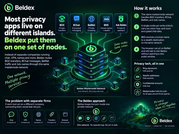 A promotional infographic for Beldex cryptocurrency highlighting 'Most privacy apps live on different islands. Beldex put them on one set of nodes,' with illustrations of BDX, BChat, BelNet, BNS, and Ask Beldex services on a unified masternode network.