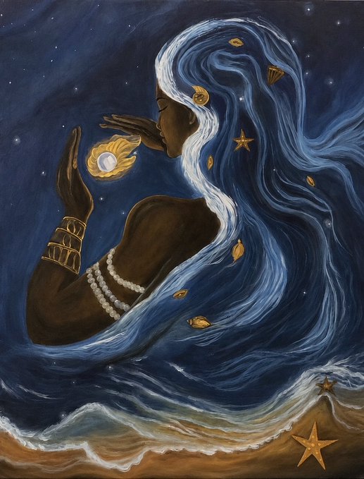 A painting of a dark-skinned woman in profile with flowing blue hair merging with ocean waves, holding a glowing orb in her hand against a starry night sky.
