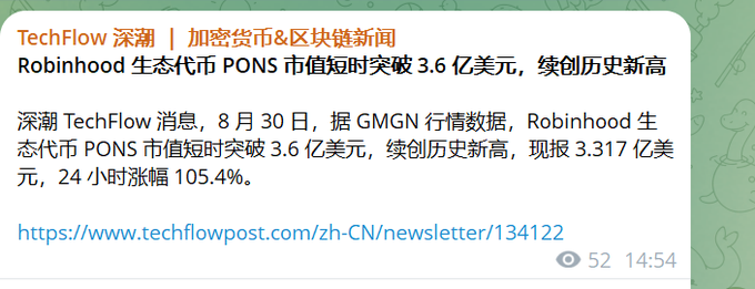 A TechFlow news article in Chinese announcing that the Robinhood ecosystem token PONS briefly surpassed a $360 million market cap, reaching a new historical high.