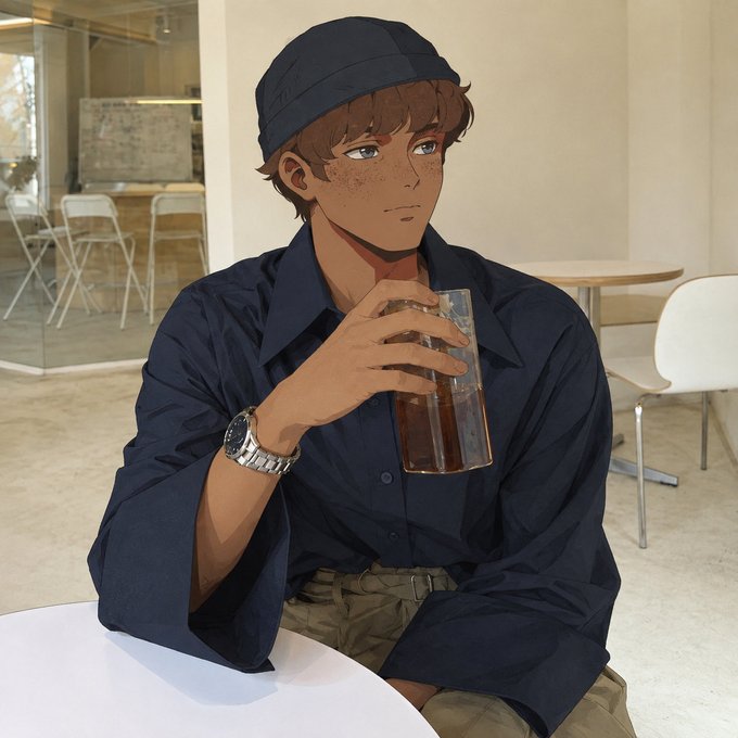 An anime-style illustration of a young man with brown hair, freckles, and a navy bucket hat, wearing a dark blue shirt and holding a glass of iced coffee, seated at a white table in a bright modern café.