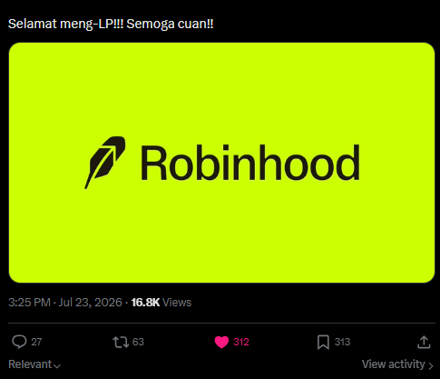 A Robinhood Chain tutorial post showing 16.8K views, 312 likes, and 313 bookmarks, with the creator surprised by the high engagement on their first-day LP (liquidity providing) tutorial. The vibrant green Robinhood logo dominates the image, reinforcing the post's focus on sharing beginner-friendly Robinhood Chain liquidity guidance.