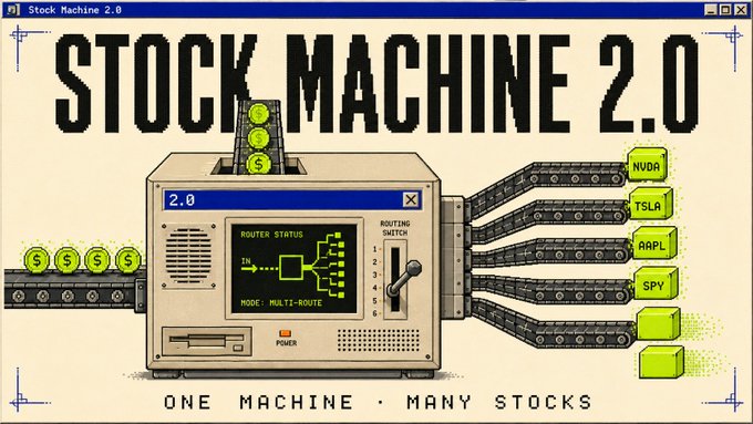 The image is a retro Windows-style graphic titled "STOCK MACHINE 2.0" with the tagline "ONE MACHINE • MANY STOCKS," depicting a conveyor belt feeding dollar-sign coins into a central processing unit that routes them out to stock tickers including NVDA, TSLA, AAPL, and SPY. It satirically illustrates how a $SHARE project could function like a money-routing machine distributing profits across multiple stocks, tying into the post's theme of $SHARE being a model example on RobinHood.