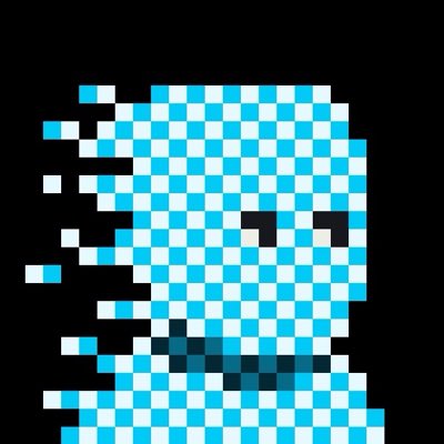 A pixel art image showing a blue and white skull-like figure with an eye design that appears to be disintegrating or dissolving into pixelated fragments on a black background.