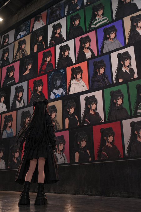 An anime-style illustration of a figure with long black hair and dark platform boots standing before a massive wall displaying numerous portraits of characters with dark hair in buns.