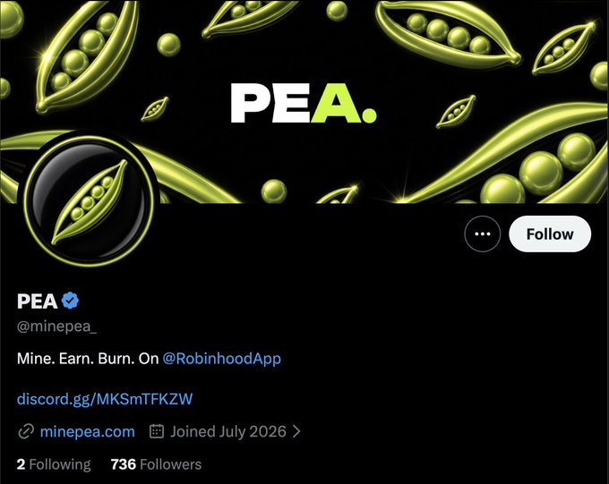Twitter/X profile for "PEA" (@minepea_) featuring green pea pod graphics on a black background, with the tagline "Mine. Earn. Burn. On @RobinhoodApp" and 736 followers. The profile appears to belong to the gamified-mining protocol that recently matched Hyperliquid's daily revenue at $665.9K, as mentioned in the accompanying post.