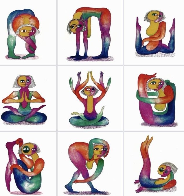 A 3x3 grid of whimsical colored pencil illustrations depicting a flexible rainbow-colored character performing various yoga poses including meditation, forward bends, and stretches.