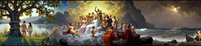 The image features a painting of a group of people gathered around a tree, with some standing near the water and others sitting on rocks. The painting depicts a religious scene or a group of people participating in a ritualistic event. The artwork is displayed in a horizontal format, giving it a sense of depth and perspective. The post includes text that talks about the value discovery of these projects and how they are related to Bitcoin.