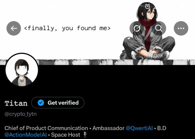 The image shows a Twitter/X profile for "Titan" (@crypto_tytn), titled "Chief of Product Communication • Ambassador @QwertAI • B.D @ActionModelAI • Space Host," with a header featuring an anime-style character sitting cross-legged and the caption "<finally, you found me>."

The header's "<finally, you found me>" text aligns with the post's theme of revealing oneself to true supporters after a long time "naked" or hidden, suggesting Titan is expressing relief at finally being seen and recognized by their authentic followers.